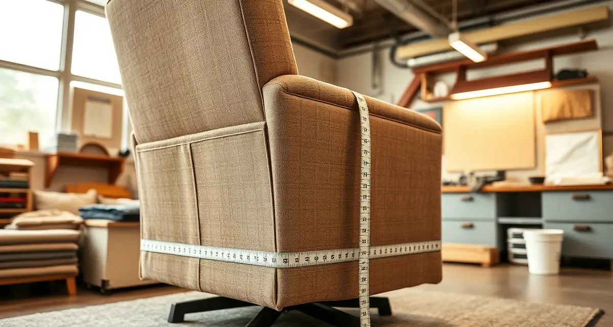 Recliner fabric measurement and yardage calculation Professional measuring recliner fabric yardage with tape measure on base, side panels, and back sections for reupholstery projects