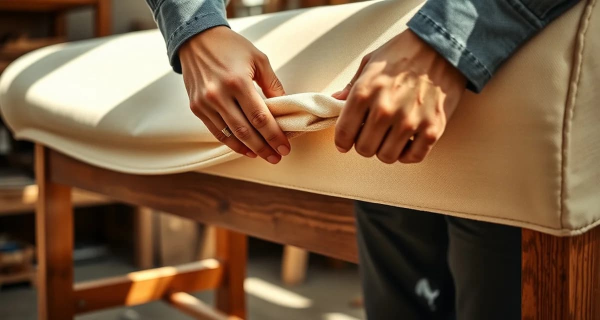 Professional bench reupholstering technique demonstration Upholsterer stretching and securing fabric over wooden bench frame during reupholstering process with professional technique