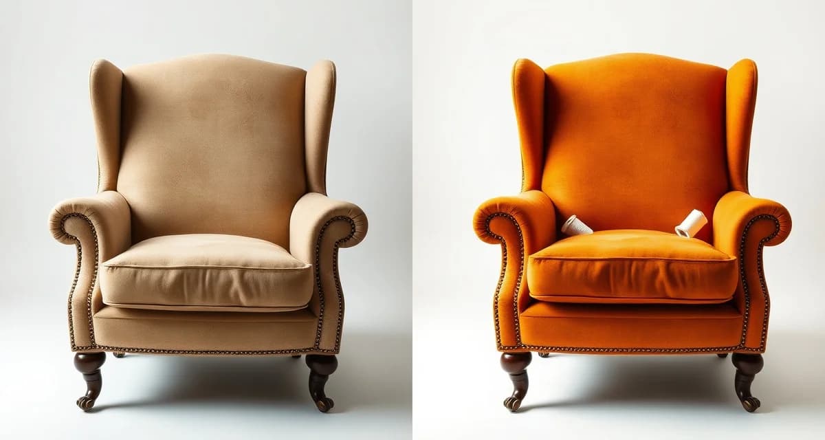 Quality furniture reupholstery transformation example Before and after comparison of reupholstered armchair showing worn original fabric transformed with new premium upholstery