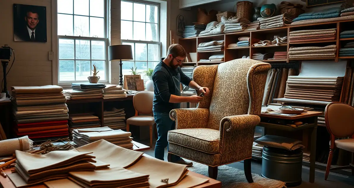 Expert furniture reupholstery in progress Professional upholsterer reupholstering a wingback chair in a well-lit workshop with fabric samples visible