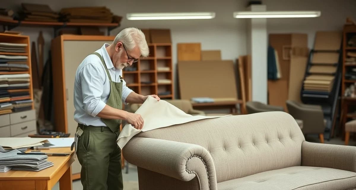 Professional upholstery reupholstery timeline process Upholstery craftsperson measuring fabric for furniture reupholstery project with organized workspace and fabric samples