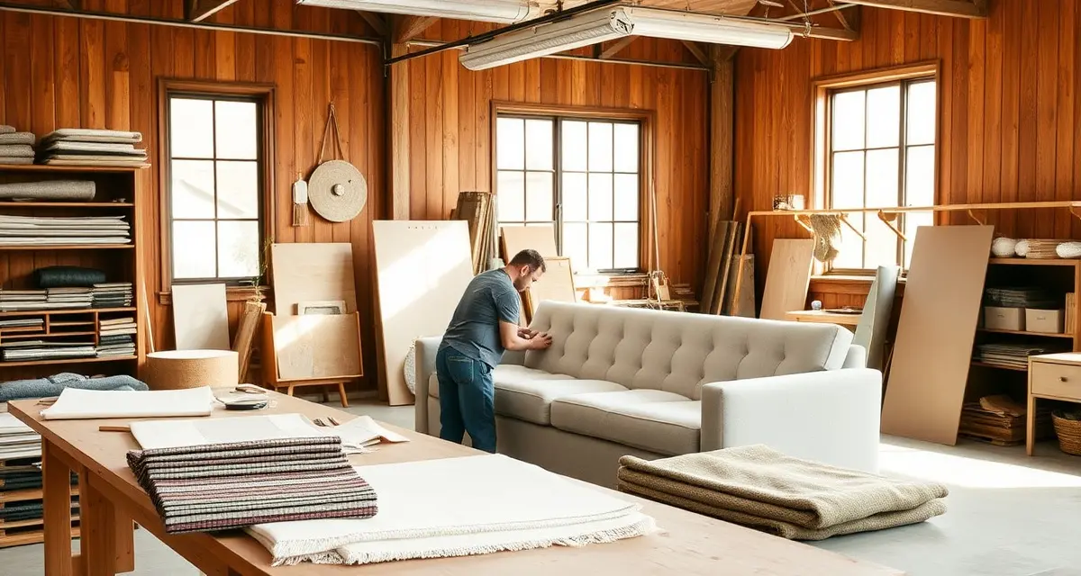 Professional upholstery reupholstery work in Seattle Seattle upholstery shop craftsperson selecting sustainable fabric options for furniture reupholstery project with eco-friendly materials visible