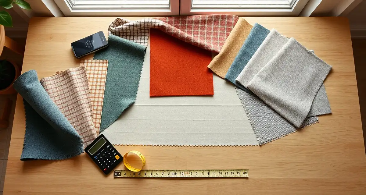 StitchDesk sectional fabric estimation reference Fabric yardage calculator tool for sectional upholstery with precision measurement charts and textile swatches on work table
