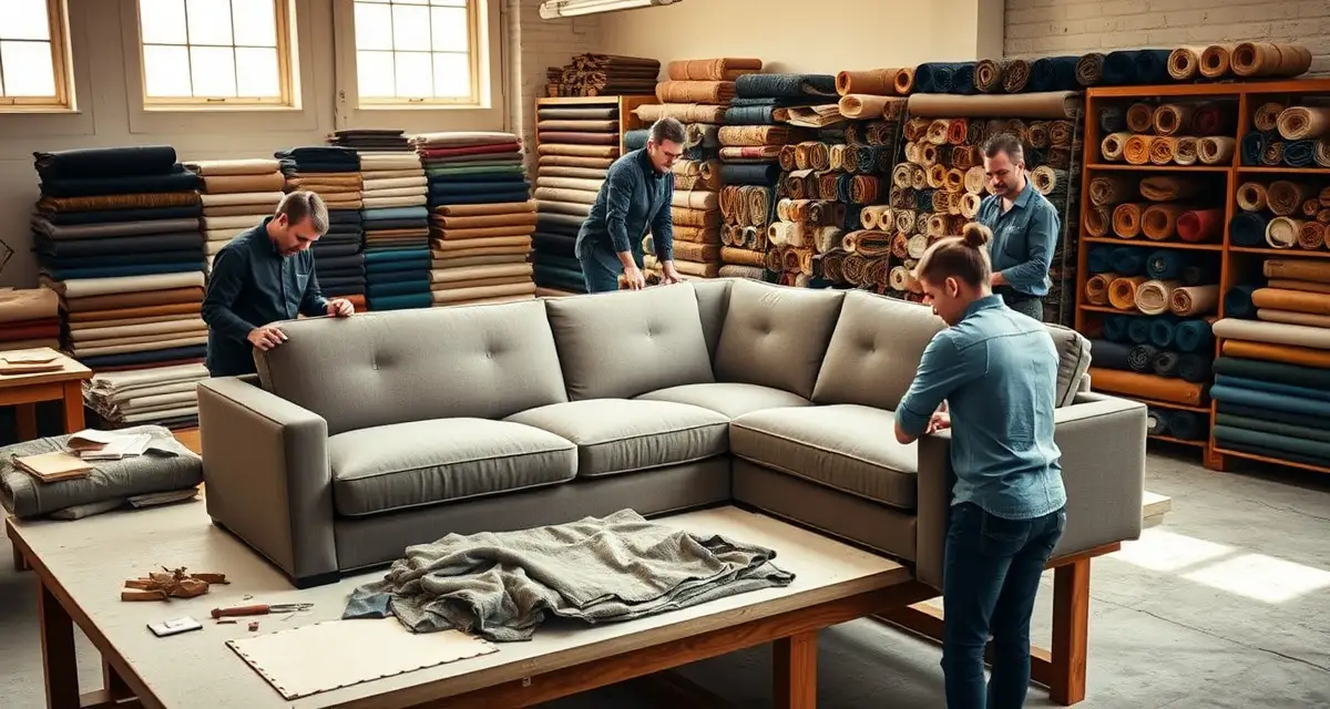 Sectional reupholstery project coordination and timeline management Professional upholstery shop managing a large sectional sofa reupholstery project with organized fabric planning and production workflow.