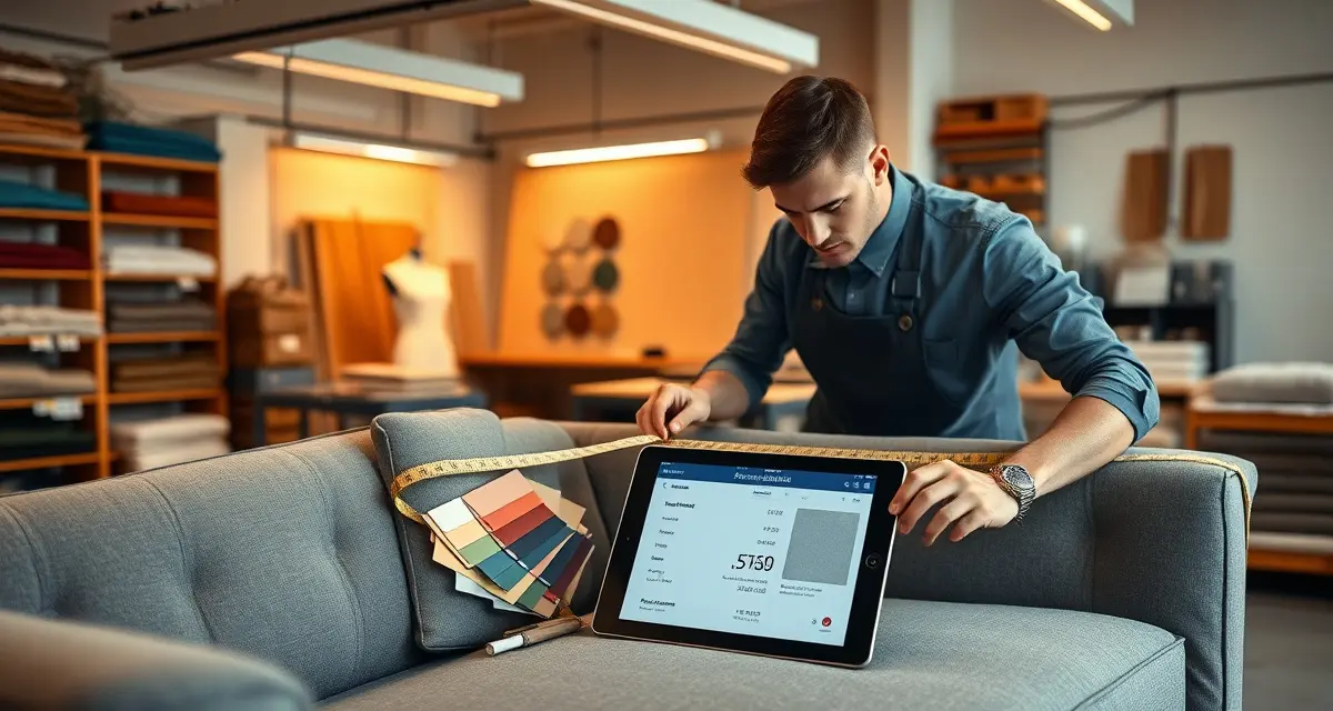 Accurate sofa fabric yardage measurement calculator Upholstery professional measuring sofa fabric yardage using precision calculator tool to determine exact yardage requirements.