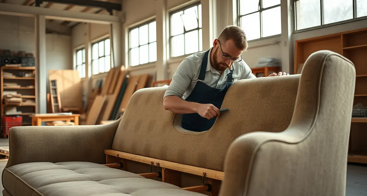 Frame inspection process for sofa reupholstery Professional upholsterer performing frame inspection on sofa before reupholstery, checking joints and springs in workshop setting