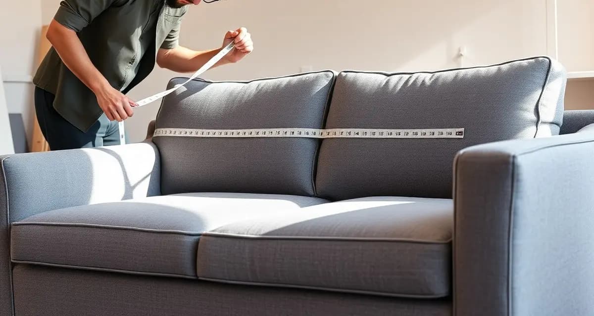 How to accurately measure sofa for reupholstery Professional measuring sofa dimensions with tape measure for accurate reupholstery yardage estimation and fabric calculation