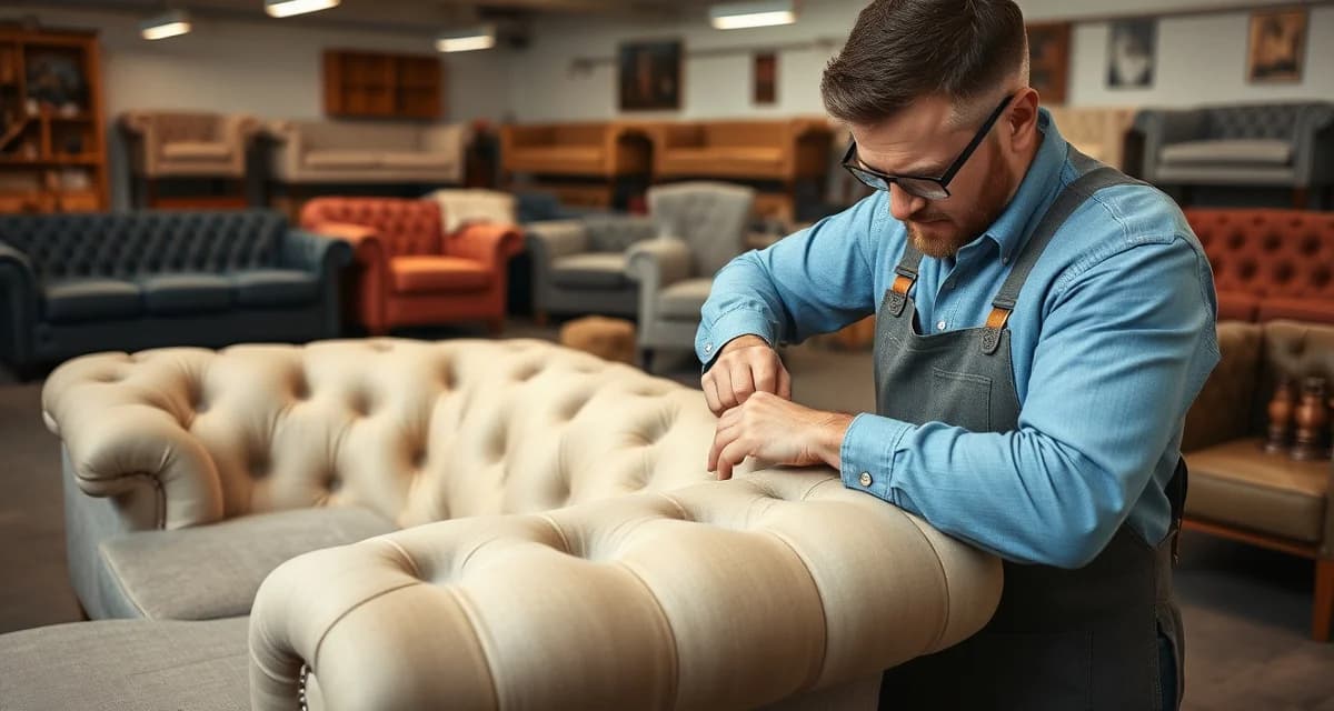 Sofa Reupholstery Styles Comparison Professional upholstery craftsperson demonstrating sofa reupholstery techniques on various styles including Chesterfield and camelback sofas