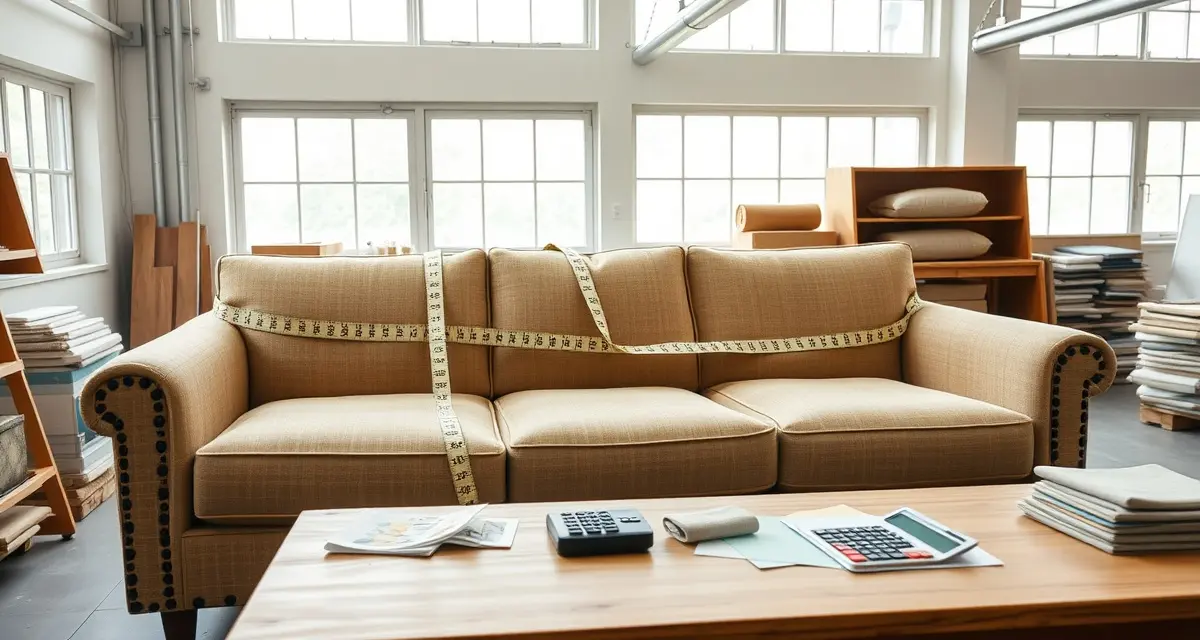 Sofa fabric yardage calculation by length measurement Measuring tape displayed on an 84-inch sofa showing how to calculate fabric yardage for upholstery projects by sofa length.