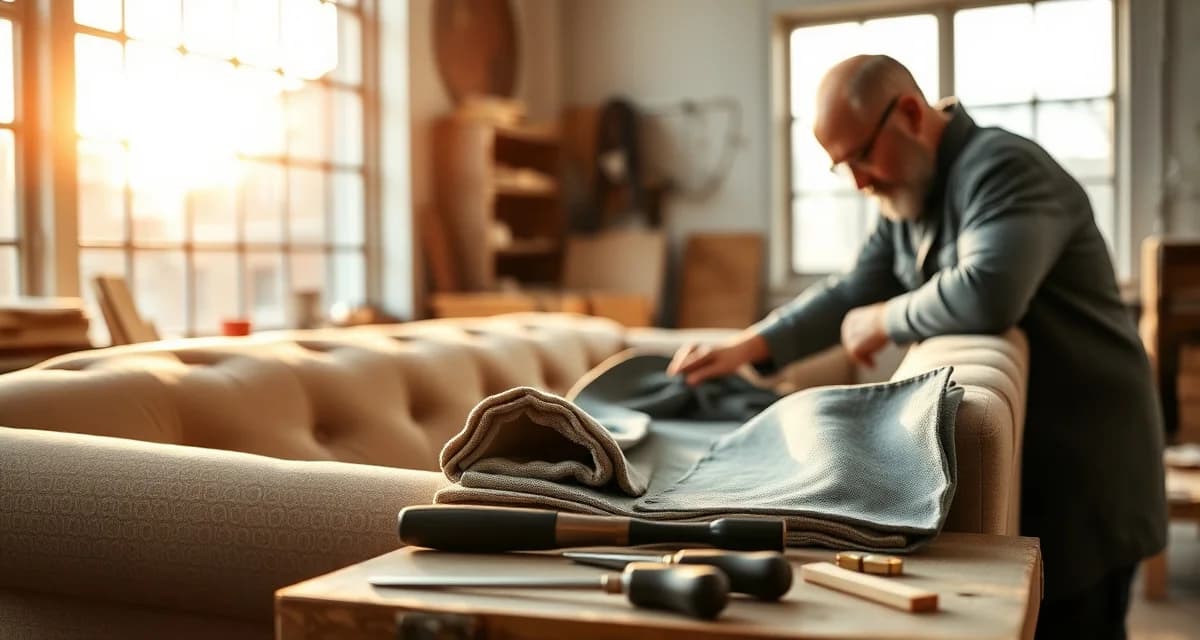Southeast reupholstery pricing guide and labor costs Professional upholsterer measuring and cutting fabric for Southeast reupholstery project in modern workshop with natural lighting