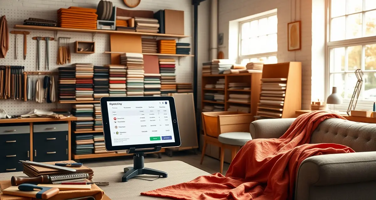 Upholstery business startup workspace setup Modern upholstery shop workspace with organized tools, fabric samples, and digital pricing management system on tablet for starting an upholstery business.