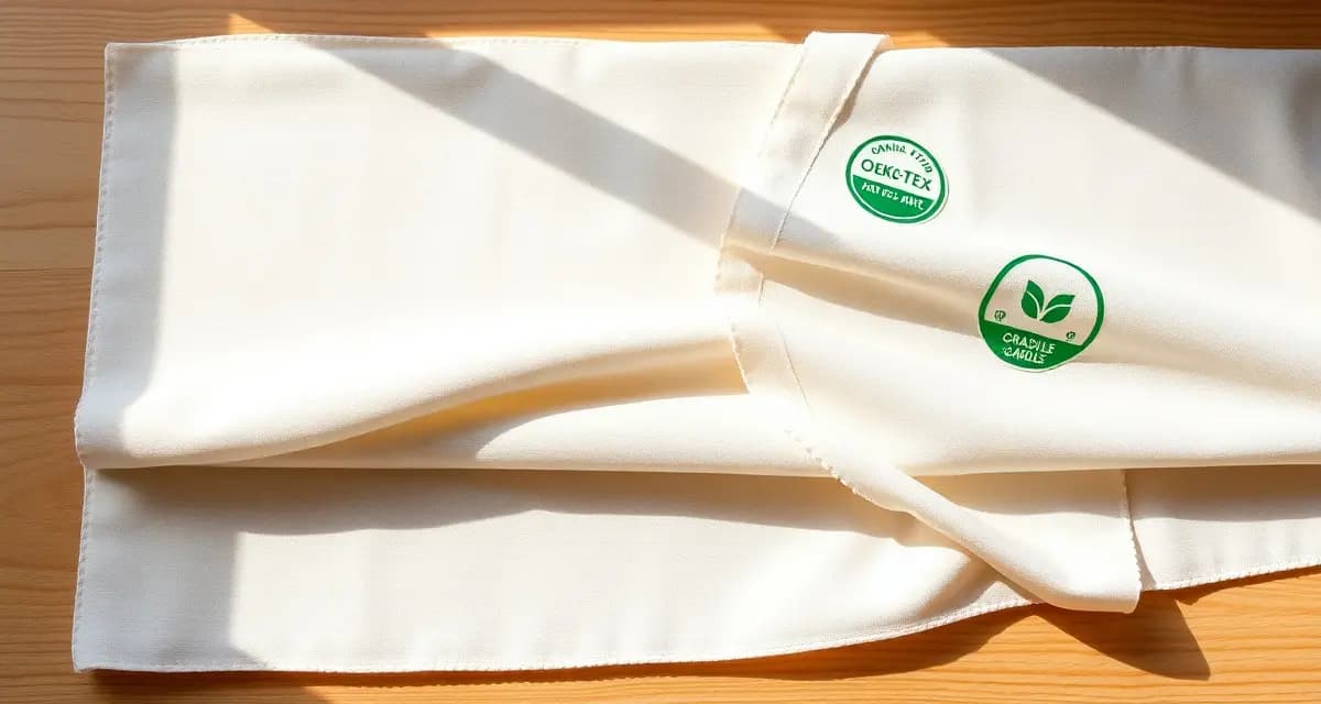 Sustainable upholstery fabric certification standards Organic fabric swatches displaying OEKO-TEX, GOTS, and Cradle to Cradle sustainable certification badges with natural lighting