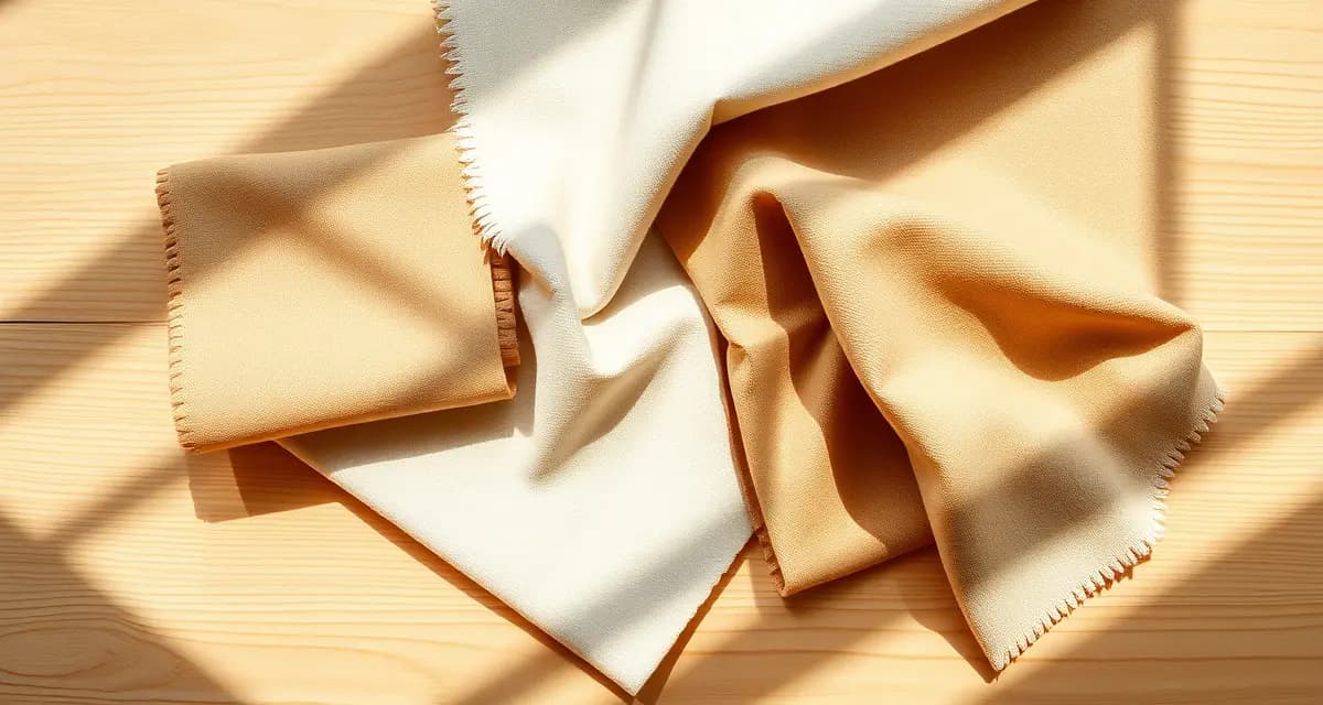 Eco-friendly upholstery material samples Collection of sustainable upholstery fabric swatches including recycled polyester, organic cotton, linen, wool and hemp fibers arranged on natural wood surface