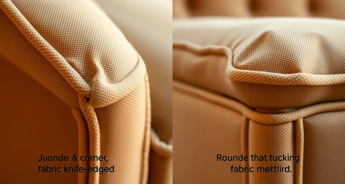Expert upholstery corner finishing methods Professional upholstery corner techniques showing knife-edge pull-and-tuck method and rounded corner wrap finishing on furniture