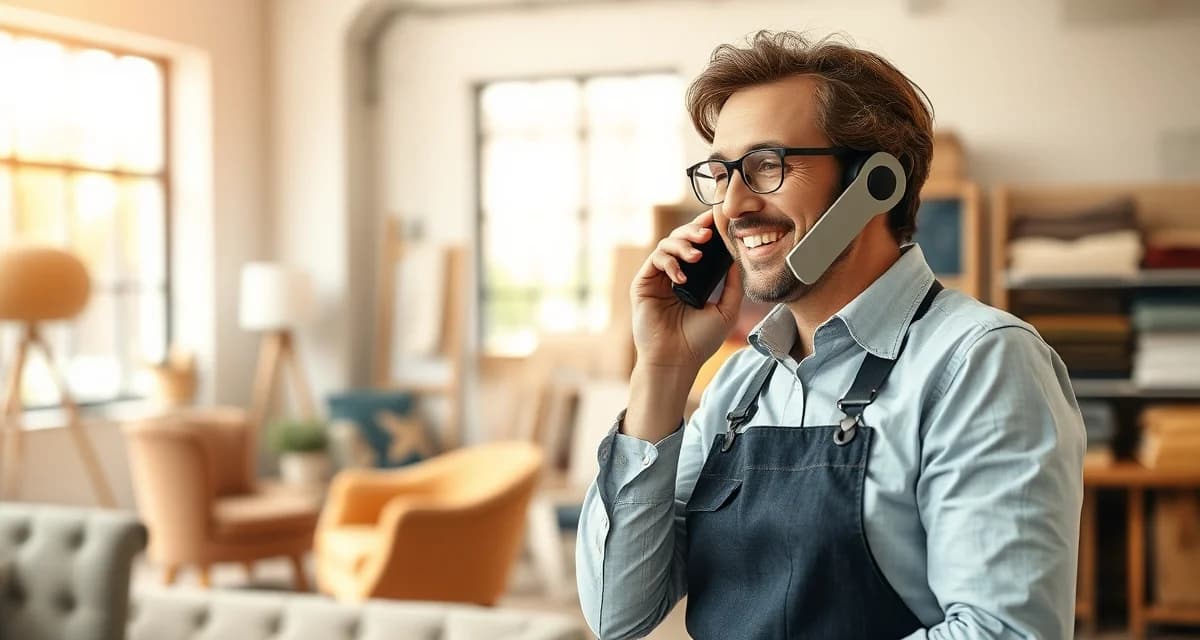 Effective customer communication in upholstery business management Upholstery shop owner communicating with customer via phone call about furniture restoration project in professional workshop environment.