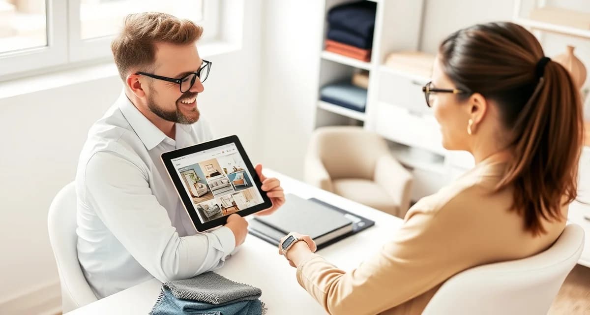 Customer portal dashboard interface for upholstery shops Upholstery shop manager using customer portal software on tablet to track job status and reduce customer service calls.