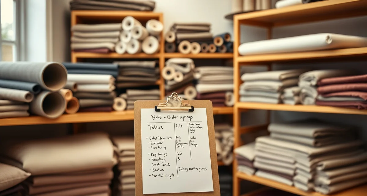 Fabric batch ordering for upholstery shops Organized fabric bolts and batch order planning clipboard in professional upholstery shop workspace demonstrating efficient fabric ordering system.