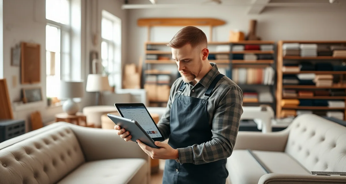 StitchDesk fabric yardage calculator in action Upholstery professional using fabric calculator software on tablet to measure yardage requirements for furniture project