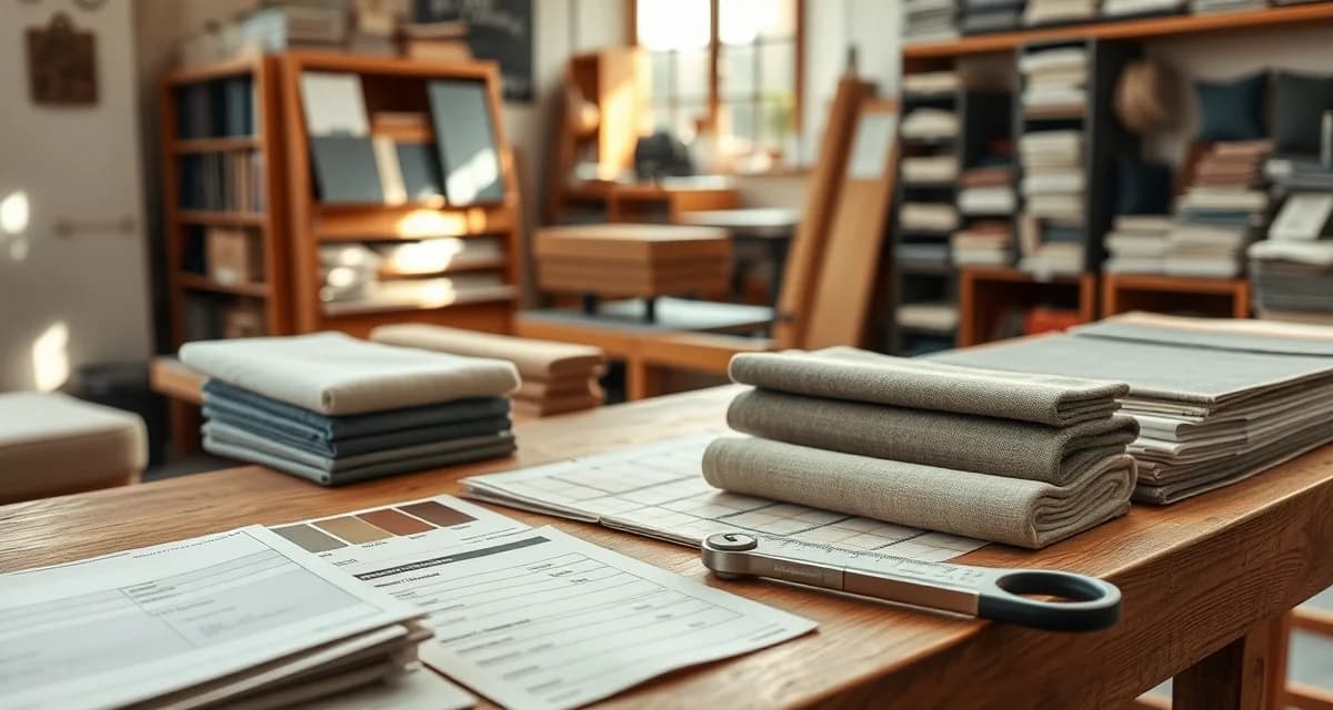 Pre-order checklist prevents fabric buying mistakes Organized fabric swatches and upholstery specifications showing dye lot numbers and rub count details on workbench