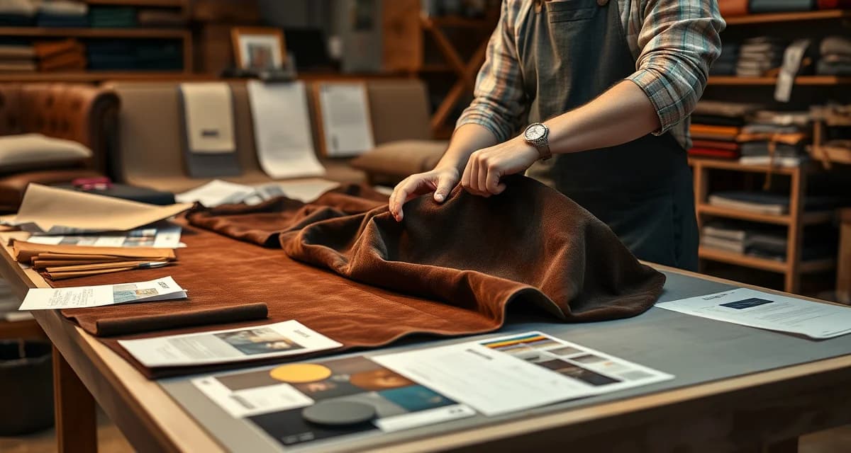Fabric pricing considerations for upholstery shops Upholstery shop professional measuring premium velvet and leather fabrics for accurate pricing calculations