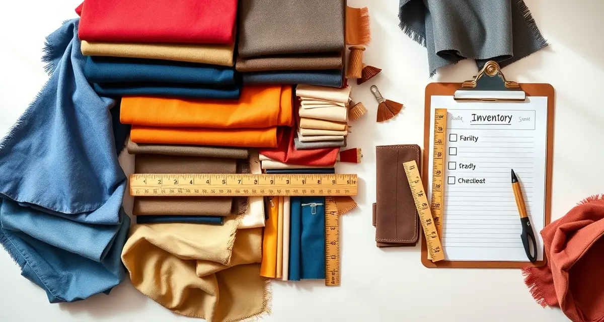 Fabric remnant organization and inventory system Organized upholstery fabric remnants sorted by color and size with measuring tools and inventory checklist in professional workshop setting.
