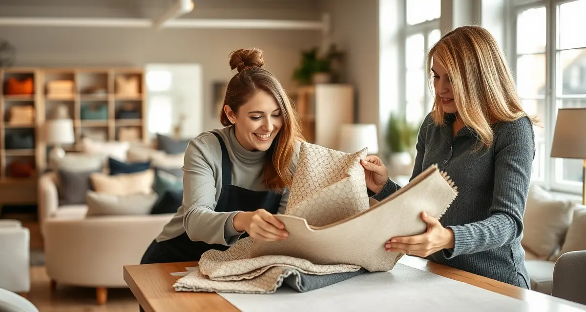 Collaborative fabric selection process for upholstery projects Upholstery shop owner and client reviewing fabric swatches during consultation to select materials for a reupholstery project