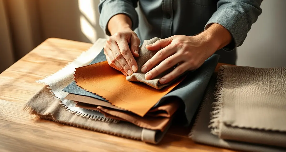 Fabric selection consultation for upholstery projects Upholstery fabric swatches and samples displayed on a table for customer selection and guidance in choosing the right fabric.