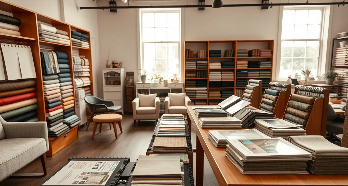 Trade account fabric selection for upholstery shops Upholstery fabric swatches and samples organized by type, demonstrating quality materials available through trade accounts