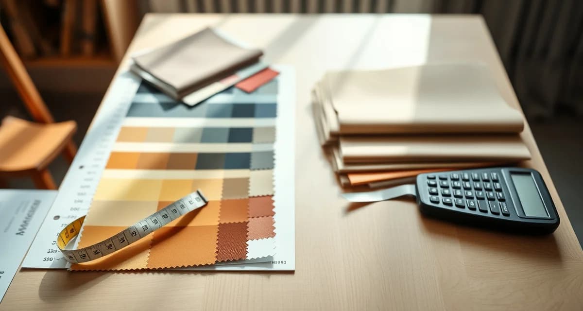 Beginner's guide to upholstery fabric yardage calculation Upholstery fabric calculator setup with measuring tape and fabric swatches for calculating yardage for beginner upholstery projects.