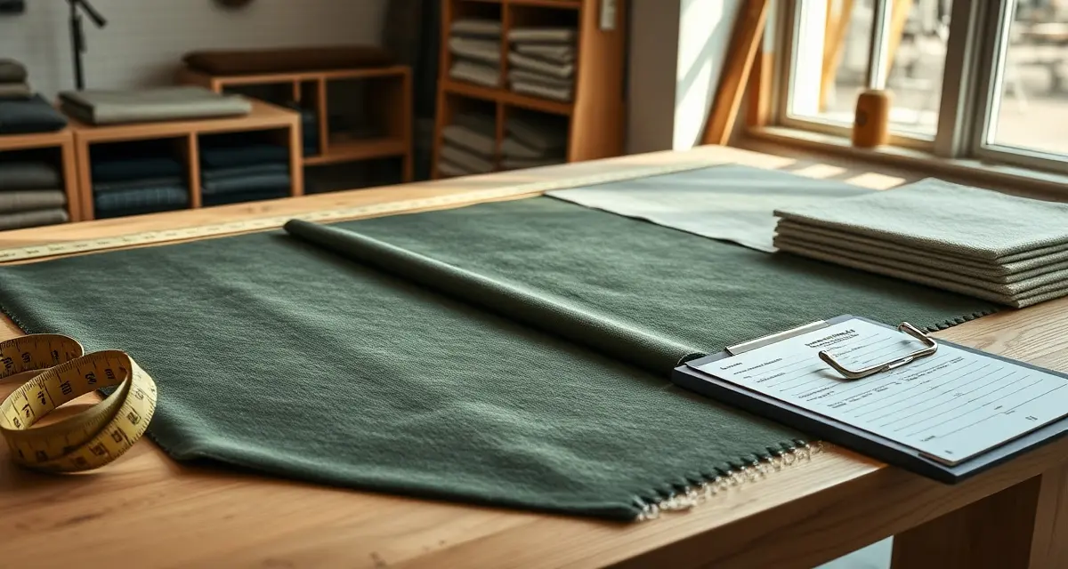 Common fabric yardage errors in upholstery shops Upholstery fabric swatches with measuring tools and pattern repeat documentation on workbench