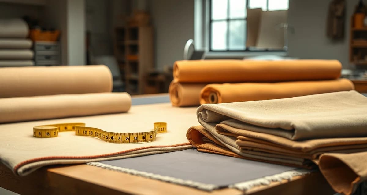 Different upholstery fabric types and yardage supplies Upholstery fabric yardage supplies including primary face fabric, cambric, and secondary materials organized on a work table