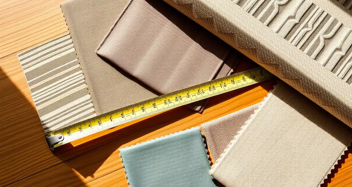 Fabric yardage measurement and terminology reference Upholstery fabric swatches with measuring tape showing different yardage widths and pattern repeats for shop reference