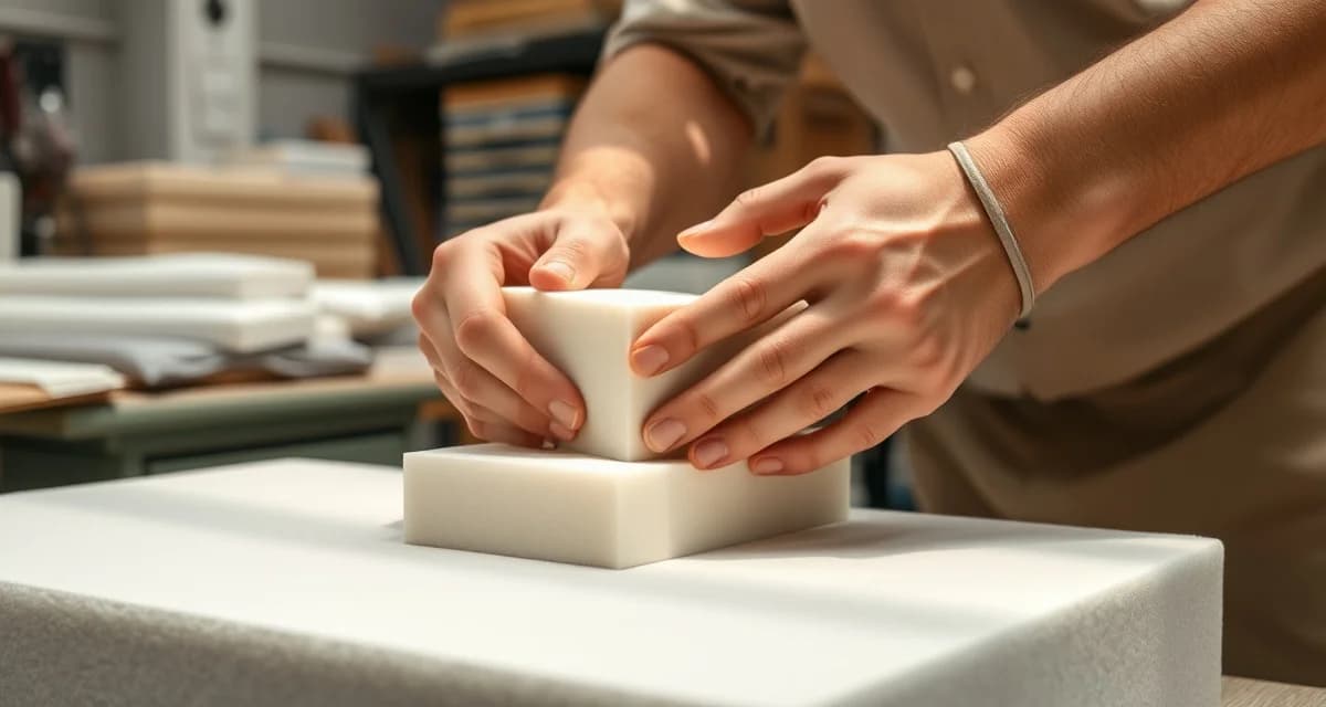 Professional foam density assessment for upholstery replacement Upholsterer performing the 3-test foam assessment on furniture cushion to determine if replacement is needed