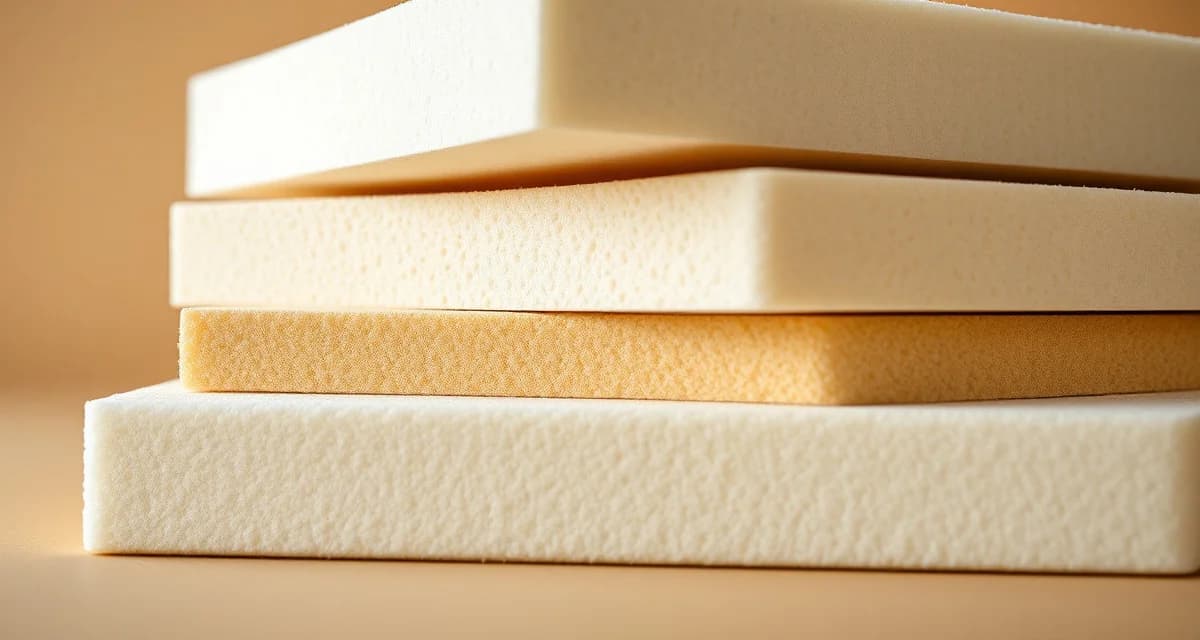 Upholstery foam material composition comparison Cross-section comparison of HR foam, memory foam, and conventional upholstery foam types showing different densities and compression characteristics.