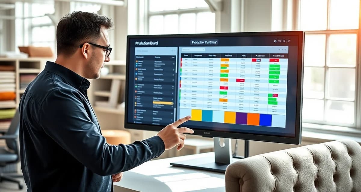 Production board for managing upholstery jobs Digital production board displaying multiple upholstery job cards organized by status columns for efficient job management and scheduling.