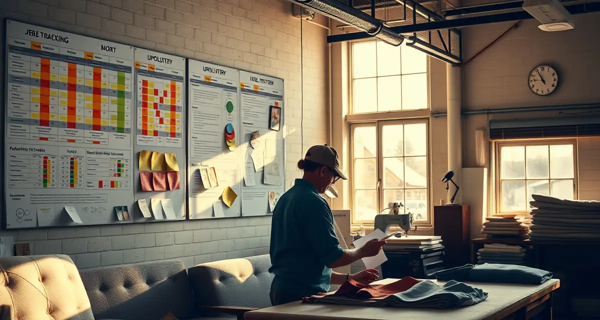 7-Stage Job Tracking System for Upholstery Shops Organized upholstery shop job tracking board displaying seven production stages with color-coded status cards for efficient workflow management