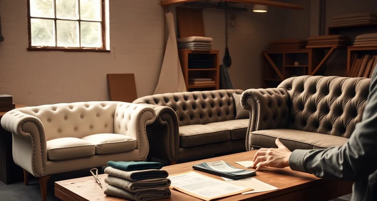 Tiered Upholstery Pricing Model Comparison Three upholstery furniture pieces showing different complexity levels from simple to ornate Chesterfield design with diamond tufting.