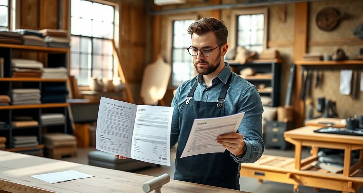 Creating accurate upholstery quotes Upholstery shop professional reviewing accurate quote estimate with fabric samples and cost calculations on workbench