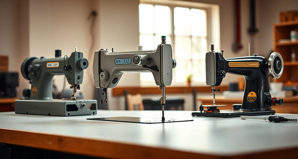 Upholstery Sewing Machine Comparison Three types of upholstery sewing machines: walking foot, cylinder arm, and post bed machines displayed on a workshop surface.