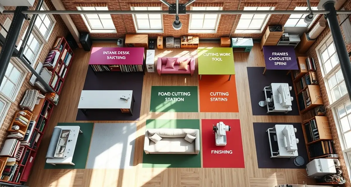 7-Zone Upholstery Shop Workspace Organization Organized upholstery workshop showing seven-zone layout system with color-coded stations for intake, fabric storage, cutting, frame work, and finishing areas