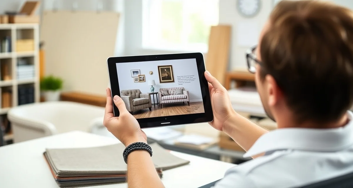 Case study visual proof for upholstery business growth Upholstery shop manager displaying before and after case study photos demonstrating furniture restoration results for client conversion.