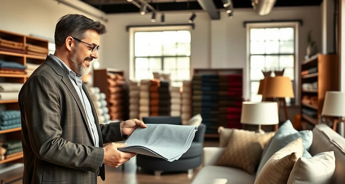Building client trust through quality presentation Upholstery shop owner showing fabric samples to client, demonstrating quality differentiation strategy for competing against cheaper competitors.