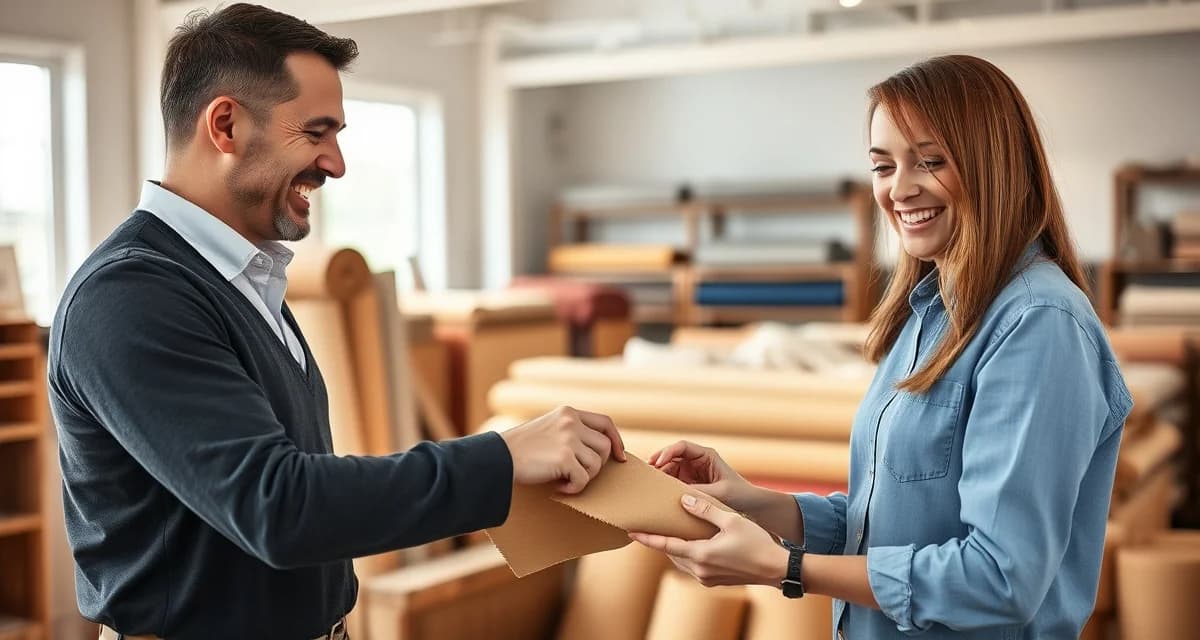 Professional complaint resolution in upholstery business Upholstery shop manager resolving customer complaint professionally with clear communication and fabric samples.