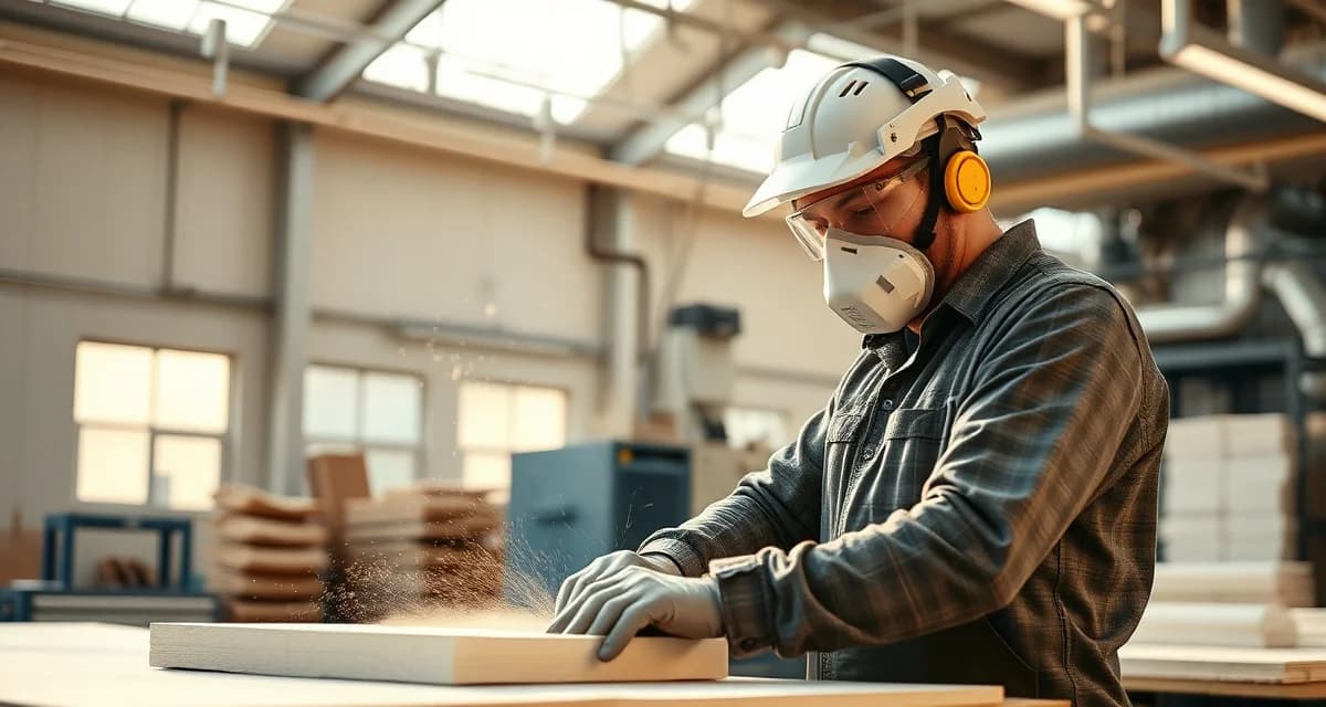 Dust Management Safety in Professional Upholstery Shops Upholstery worker wearing respiratory protection equipment while safely handling foam materials in a well-ventilated shop environment.