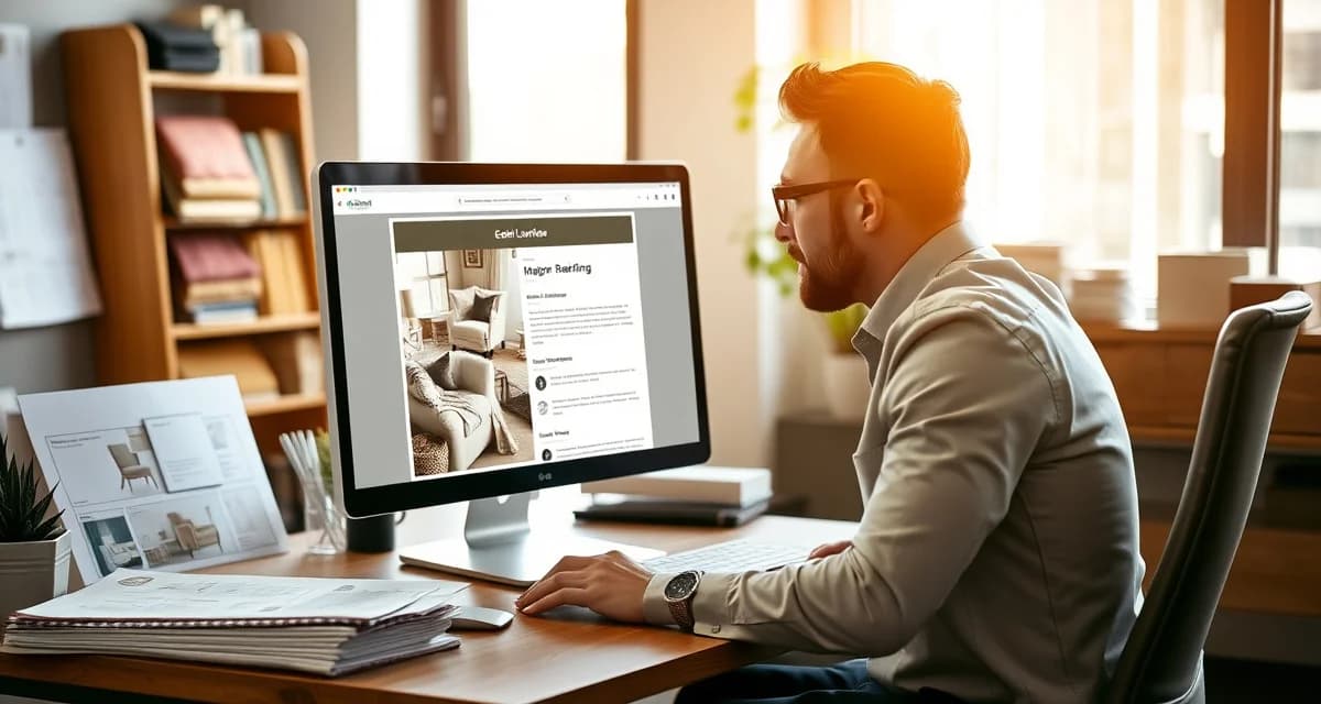 Email marketing dashboard for upholstery business retention Upholstery shop owner managing email marketing campaign on computer to retain repeat clients and increase furniture repair bookings