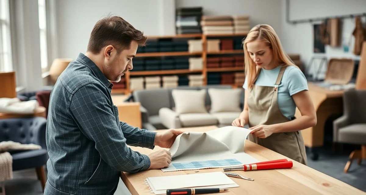 Professional upholstery training demonstration Upholstery shop trainer demonstrating fabric measurement and preparation techniques to a new employee during structured onboarding training program