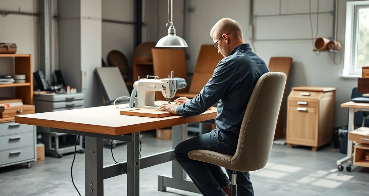Proper ergonomic setup reduces upholstery shop injuries Upholsterer demonstrating proper ergonomic posture at correctly adjusted workbench height to prevent back and wrist injuries