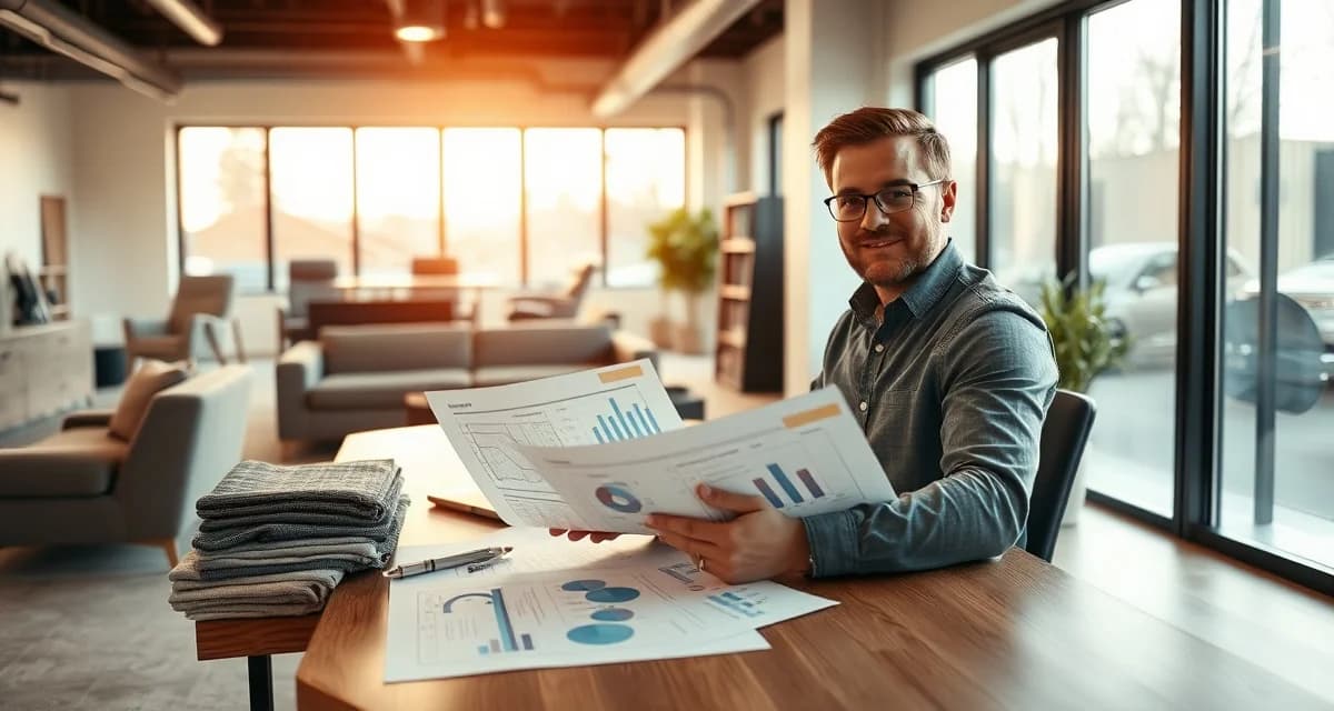 Strategic planning for upholstery business growth phases Upholstery shop owner planning business expansion with capacity metrics and growth strategy documentation on desk