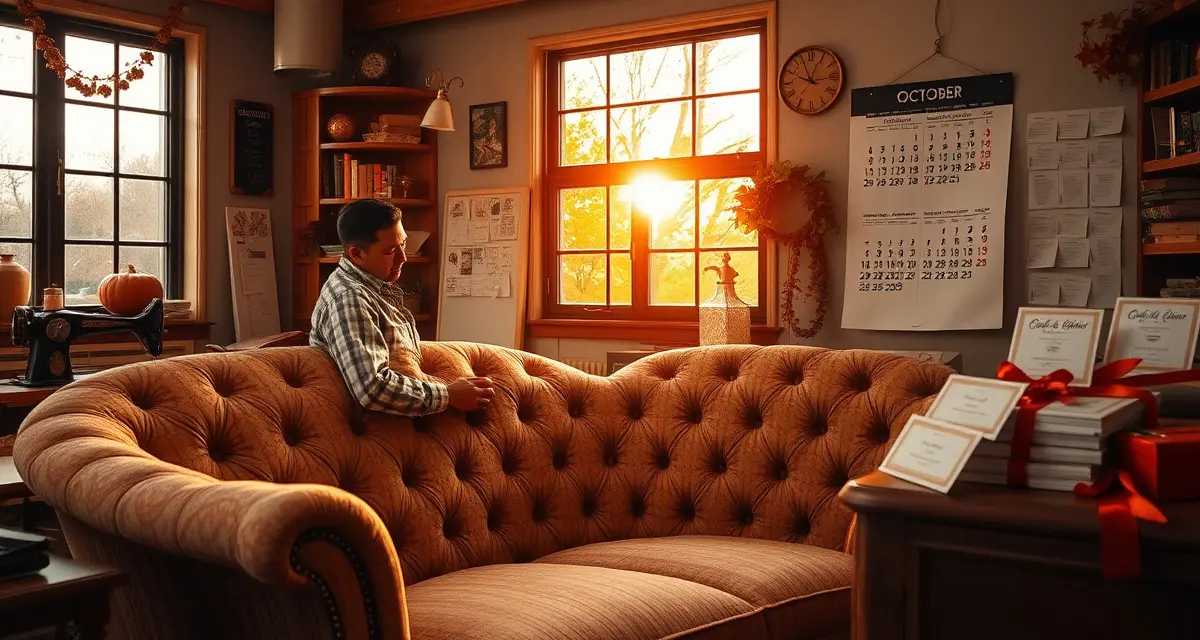 Q4 Marketing Strategy for Upholstery Businesses Upholstery shop holiday marketing: craftsman working on sofa during Q4 peak season with gift certificates and January delivery calendar visible.