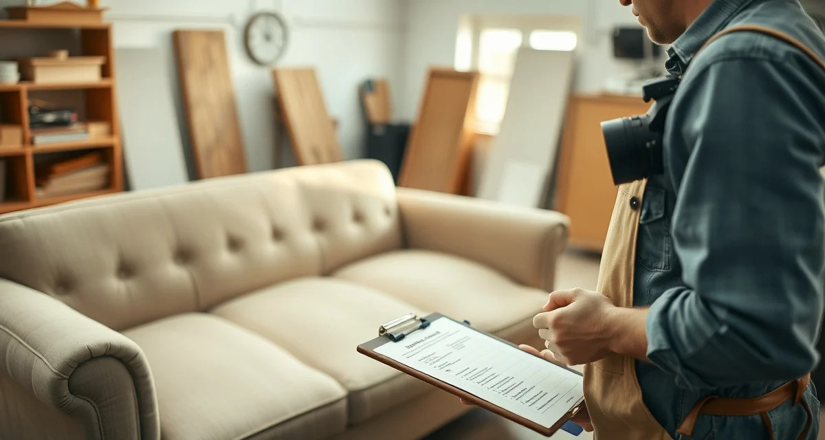 Professional furniture intake documentation system Upholstery shop staff documenting furniture condition during intake process with checklist and camera for damage prevention
